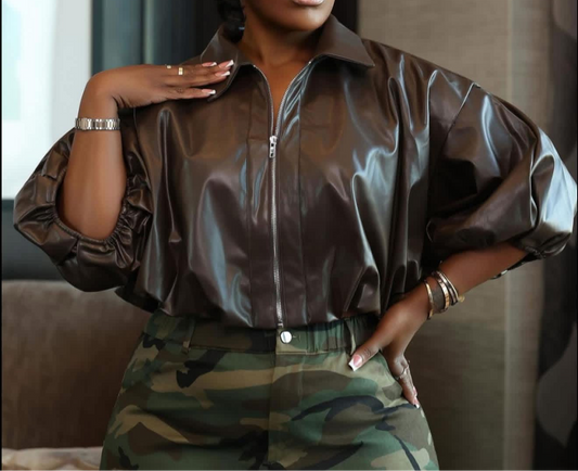 Crop leather puff jacket