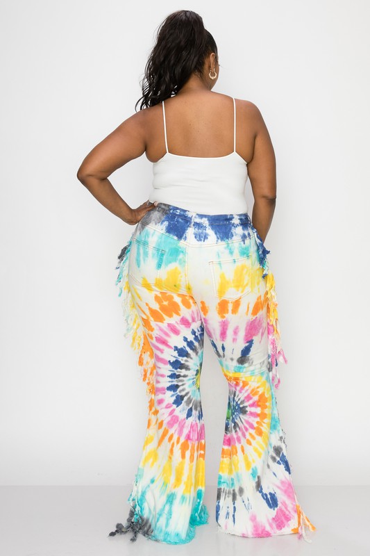 SUNBURST TIE DYE SIDE TESSEL FLARE JEANS