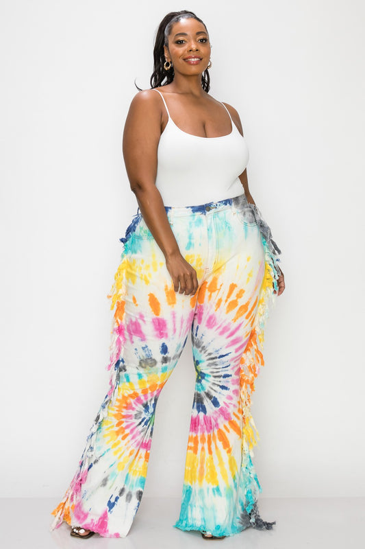 SUNBURST TIE DYE SIDE TESSEL FLARE JEANS