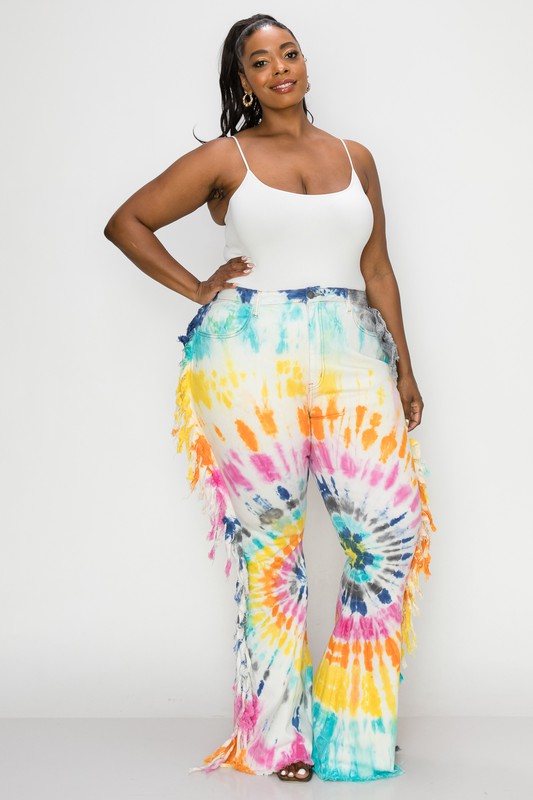 SUNBURST TIE DYE SIDE TESSEL FLARE JEANS