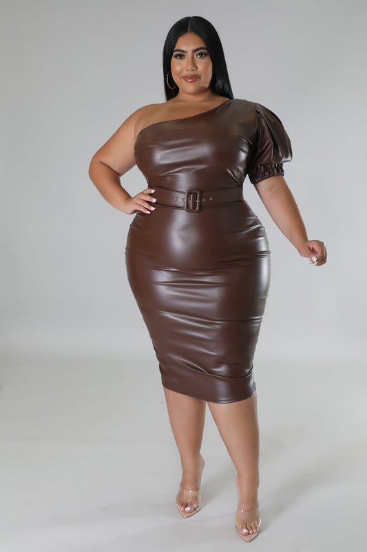Cold shoulder leather dress