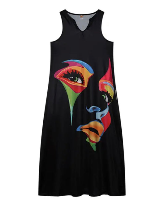 Plus Size Abstract Figure Print Sleeveless Maxi Dress