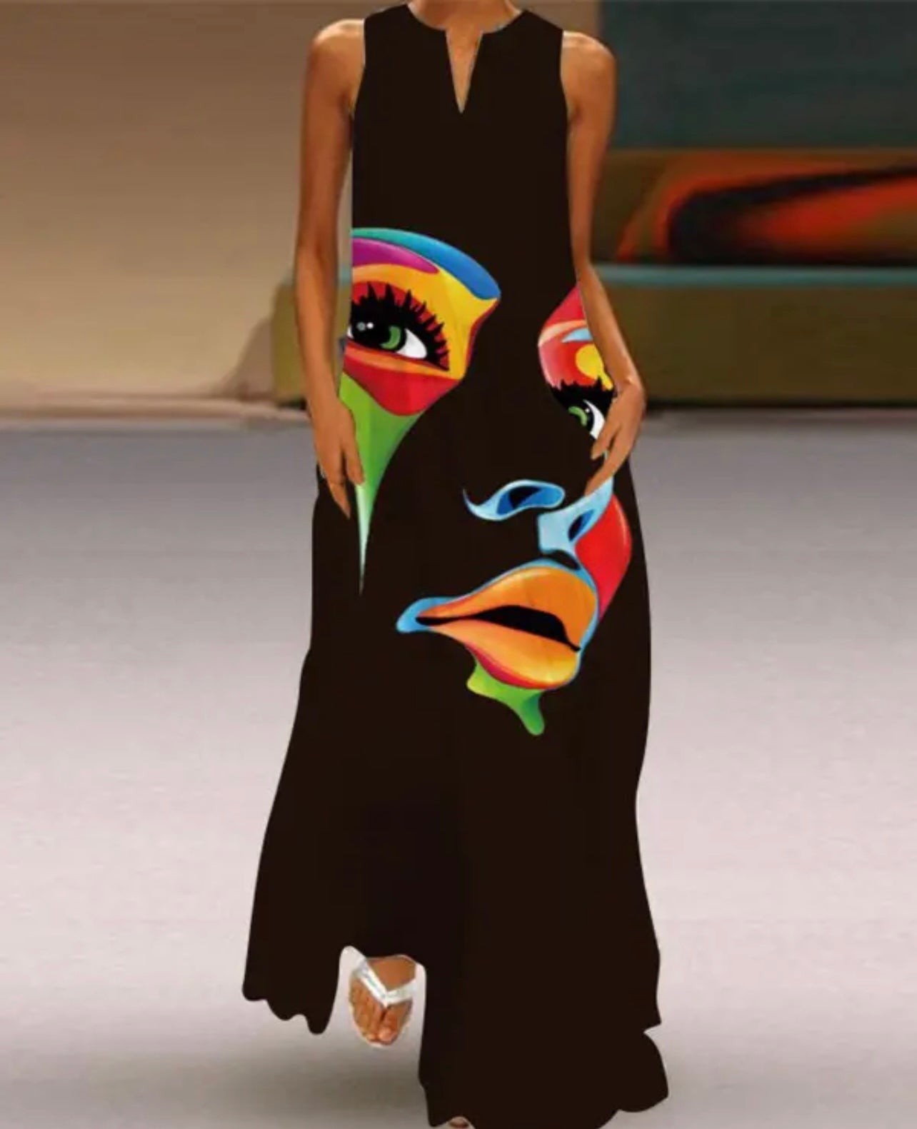 Plus Size Abstract Figure Print Sleeveless Maxi Dress