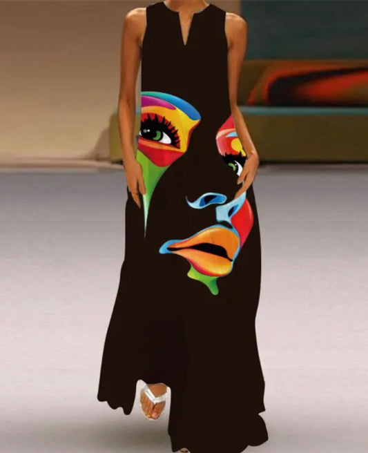 Plus Size Abstract Figure Print Sleeveless Maxi Dress