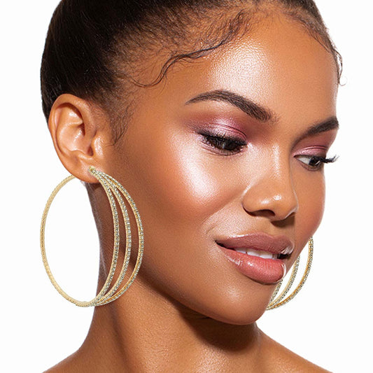 Gold Front 3 Line Rhinestone Hoops