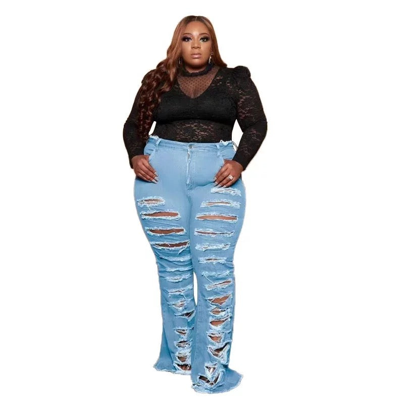 Women Wide Leg Ripped Personality Street Trend Horn Bell Bottom Denim Pants Ripped Elastic Jeans Trousers Plus Size