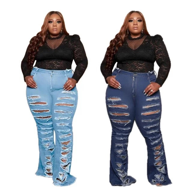 Women Wide Leg Ripped Personality Street Trend Horn Bell Bottom Denim Pants Ripped Elastic Jeans Trousers Plus Size