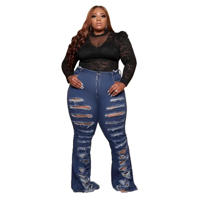 Women Wide Leg Ripped Personality Street Trend Horn Bell Bottom Denim Pants Ripped Elastic Jeans Trousers Plus Size